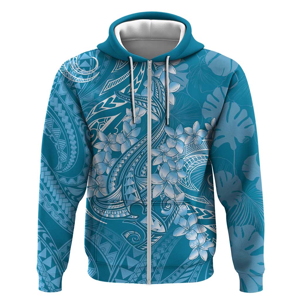 Blue Polynesia Hammerhead Shark Tattoo With Plumeria Lei Zip Hoodie LT14 Zip Hoodie Blue - Polynesian Pride