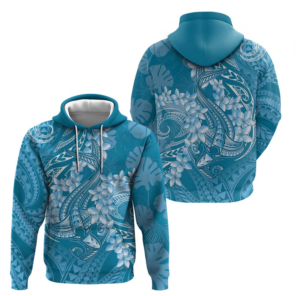 Blue Polynesia Hammerhead Shark Tattoo With Plumeria Lei Zip Hoodie LT14 - Polynesian Pride
