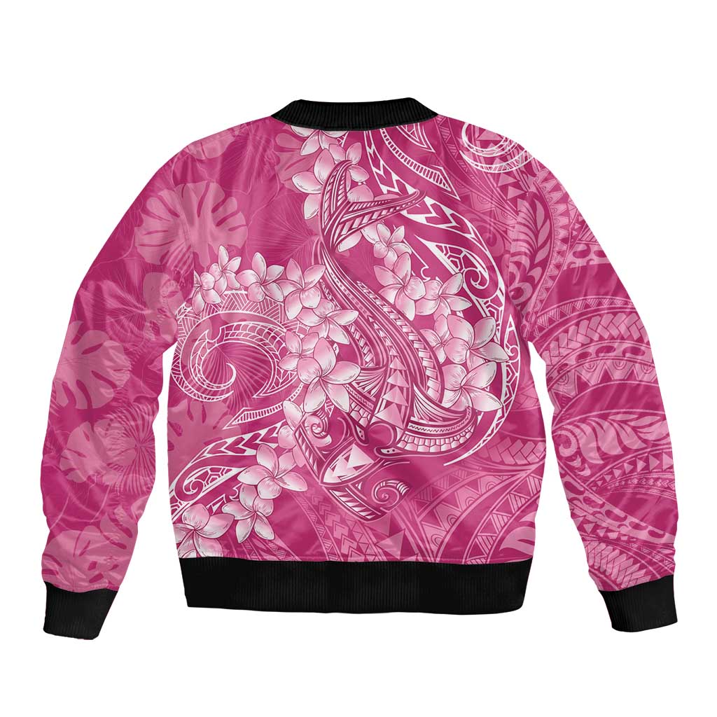 Pink Polynesia Hammerhead Shark Tattoo With Plumeria Lei Bomber Jacket