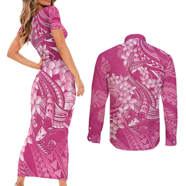 French Polynesia Tahiti Couples Matching Long Sleeve Bodycon Dress and Long Sleeve Button Shirts Polynesian Shark Tattoo With Hibiscus Purple Version LT14