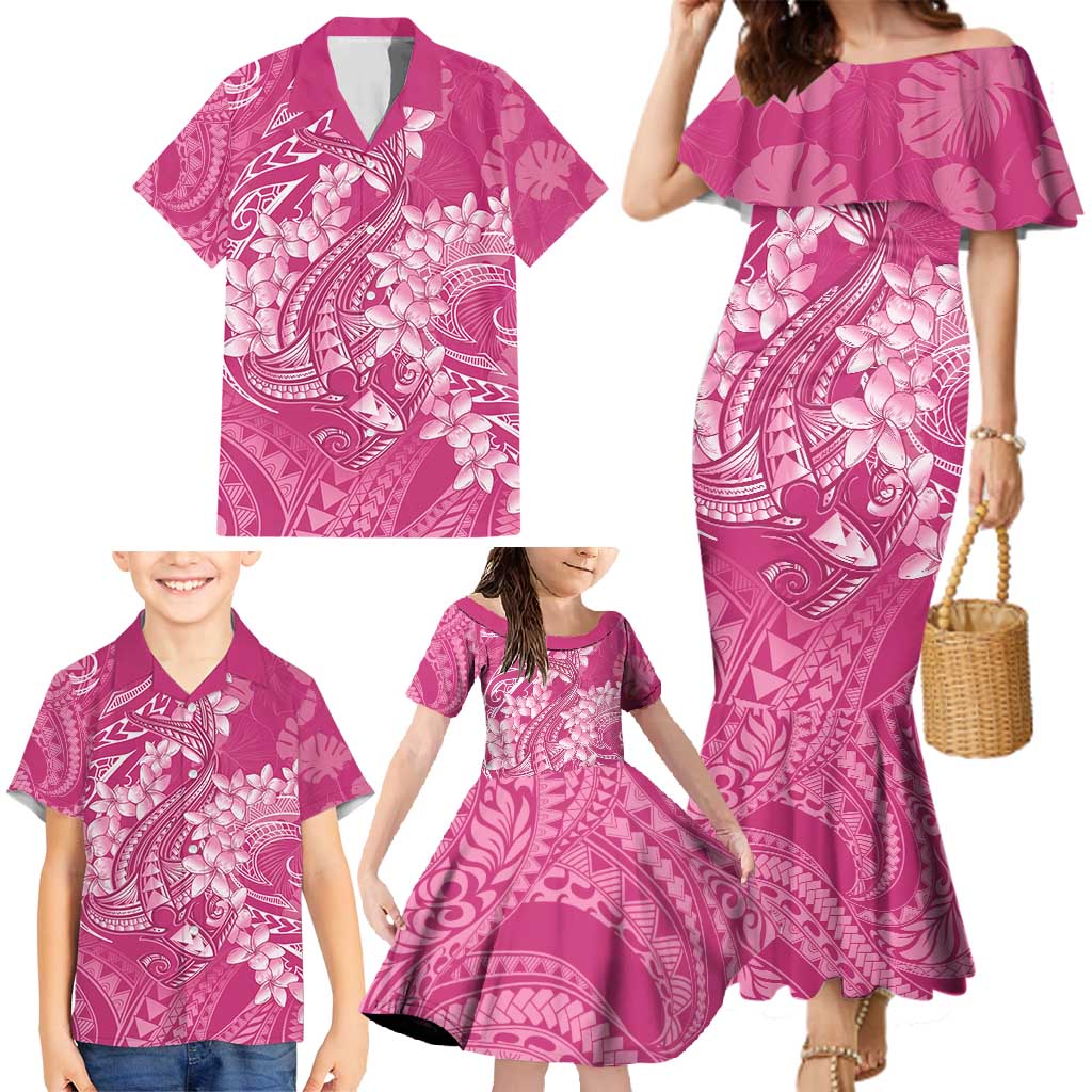 Pink Polynesia Hammerhead Shark Tattoo With Plumeria Lei Family Matching Mermaid Dress and Hawaiian Shirt