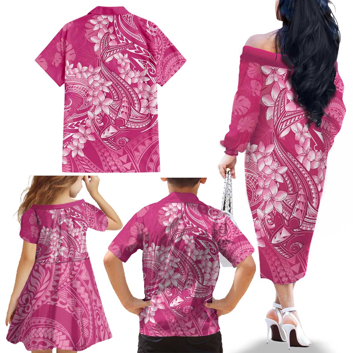 Pink Polynesia Hammerhead Shark Tattoo With Plumeria Lei Family Matching Off The Shoulder Long Sleeve Dress and Hawaiian Shirt