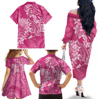 Pink Polynesia Hammerhead Shark Tattoo With Plumeria Lei Family Matching Off The Shoulder Long Sleeve Dress and Hawaiian Shirt