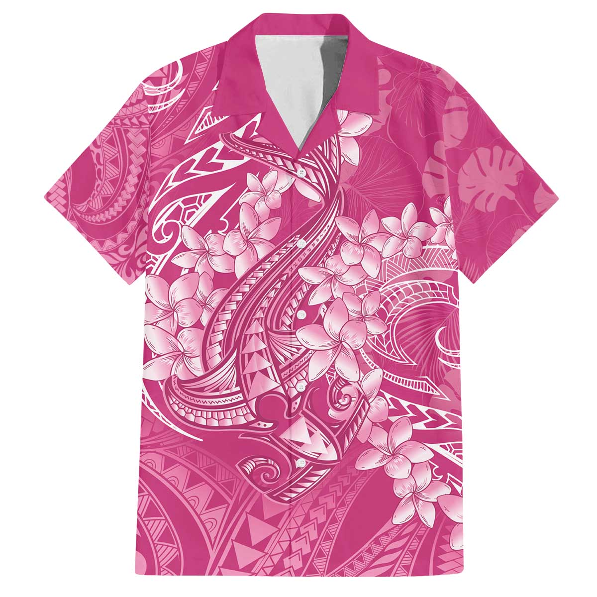 Pink Polynesia Hammerhead Shark Tattoo With Plumeria Lei Family Matching Off The Shoulder Long Sleeve Dress and Hawaiian Shirt