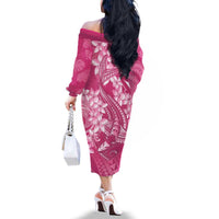 Pink Polynesia Hammerhead Shark Tattoo With Plumeria Lei Family Matching Off The Shoulder Long Sleeve Dress and Hawaiian Shirt