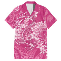 Pink Polynesia Hammerhead Shark Tattoo With Plumeria Lei Family Matching Off Shoulder Maxi Dress and Hawaiian Shirt