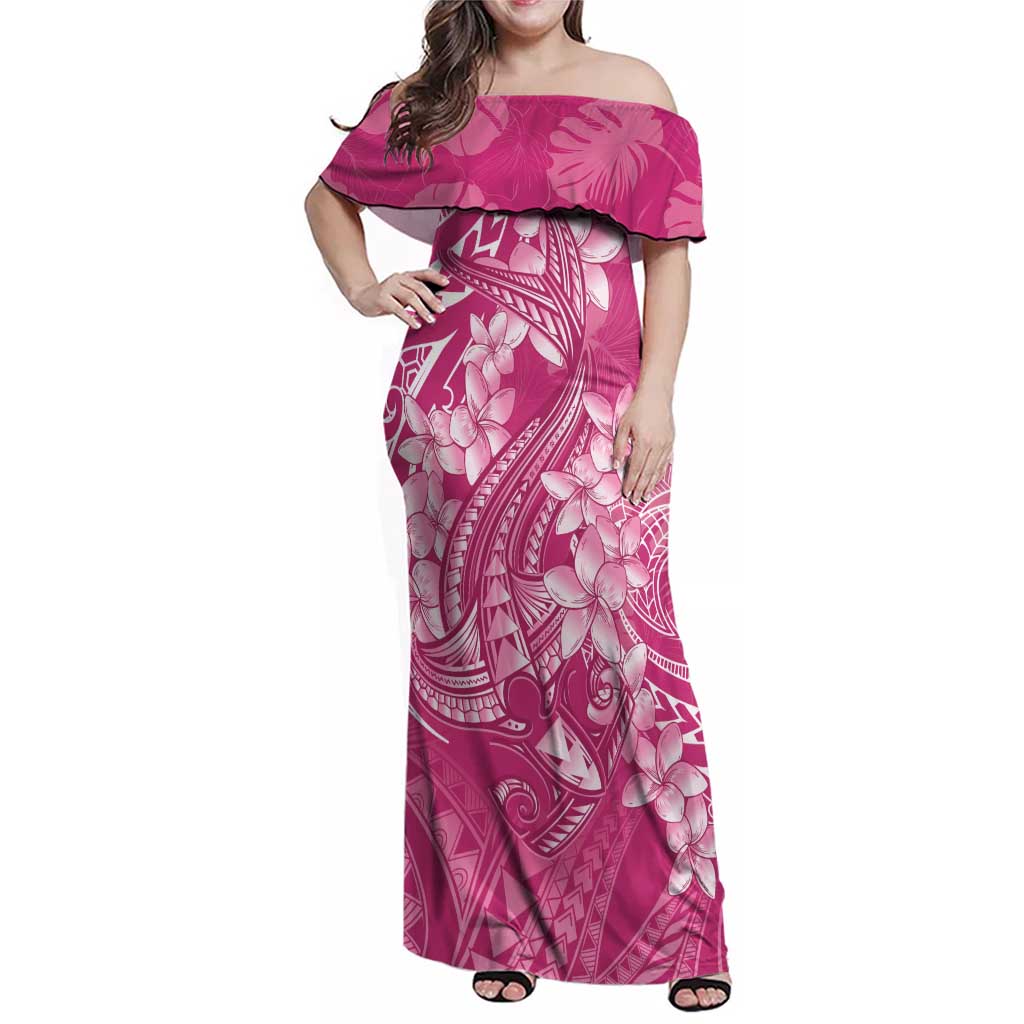 Pink Polynesia Hammerhead Shark Tattoo With Plumeria Lei Family Matching Off Shoulder Maxi Dress and Hawaiian Shirt