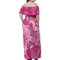 Pink Polynesia Hammerhead Shark Tattoo With Plumeria Lei Family Matching Off Shoulder Maxi Dress and Hawaiian Shirt