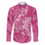Pink Polynesia Hammerhead Shark Tattoo With Plumeria Lei Family Matching Off Shoulder Short Dress and Hawaiian Shirt