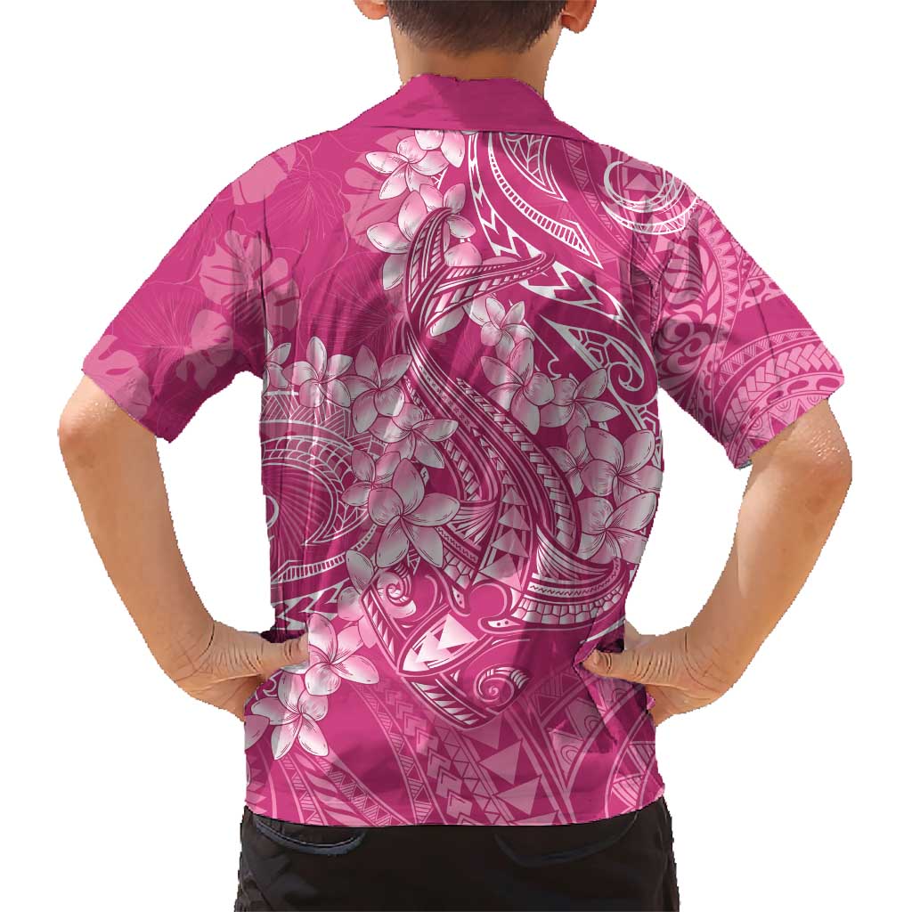 Pink Polynesia Hammerhead Shark Tattoo With Plumeria Lei Family Matching Short Sleeve Bodycon Dress and Hawaiian Shirt