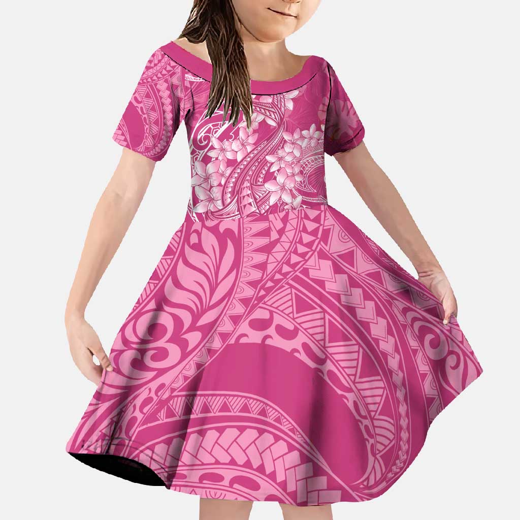 Pink Polynesia Hammerhead Shark Tattoo With Plumeria Lei Family Matching Short Sleeve Bodycon Dress and Hawaiian Shirt
