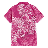 Pink Polynesia Hammerhead Shark Tattoo With Plumeria Lei Family Matching Short Sleeve Bodycon Dress and Hawaiian Shirt
