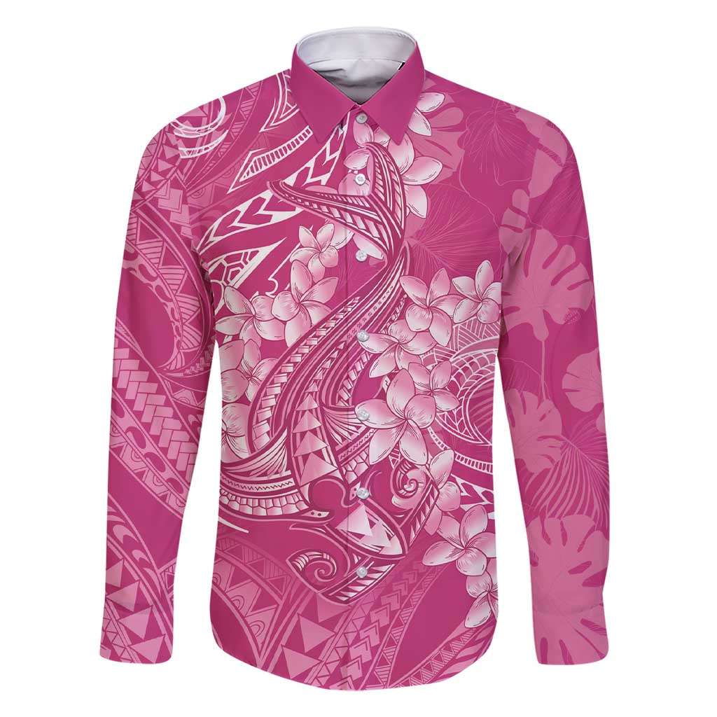 Pink Polynesia Hammerhead Shark Tattoo With Plumeria Lei Family Matching Short Sleeve Bodycon Dress and Hawaiian Shirt