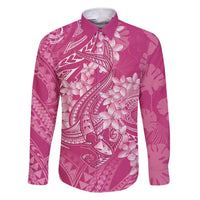 Pink Polynesia Hammerhead Shark Tattoo With Plumeria Lei Family Matching Short Sleeve Bodycon Dress and Hawaiian Shirt