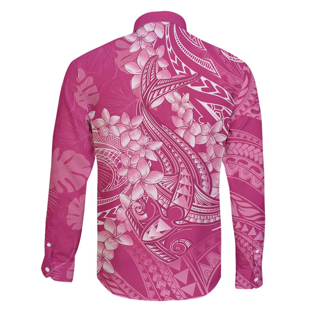 Pink Polynesia Hammerhead Shark Tattoo With Plumeria Lei Family Matching Short Sleeve Bodycon Dress and Hawaiian Shirt