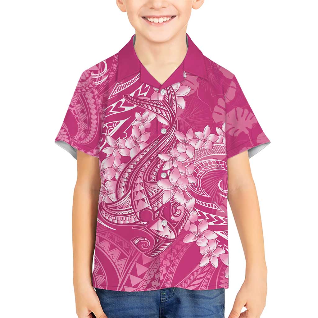 Pink Polynesia Hammerhead Shark Tattoo With Plumeria Lei Family Matching Short Sleeve Bodycon Dress and Hawaiian Shirt
