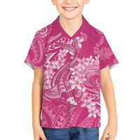 Pink Polynesia Hammerhead Shark Tattoo With Plumeria Lei Family Matching Short Sleeve Bodycon Dress and Hawaiian Shirt