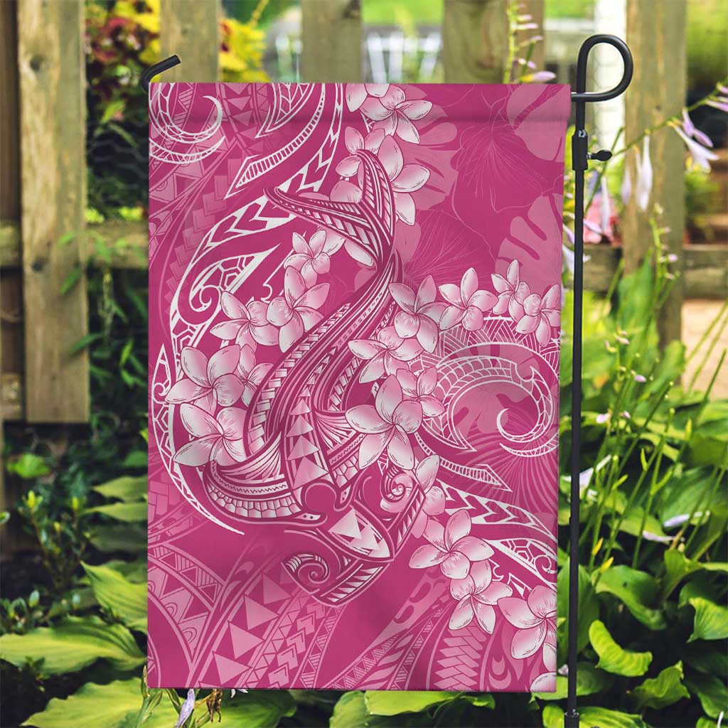 Pink Polynesia Hammerhead Shark Tattoo With Plumeria Lei Garden Flag