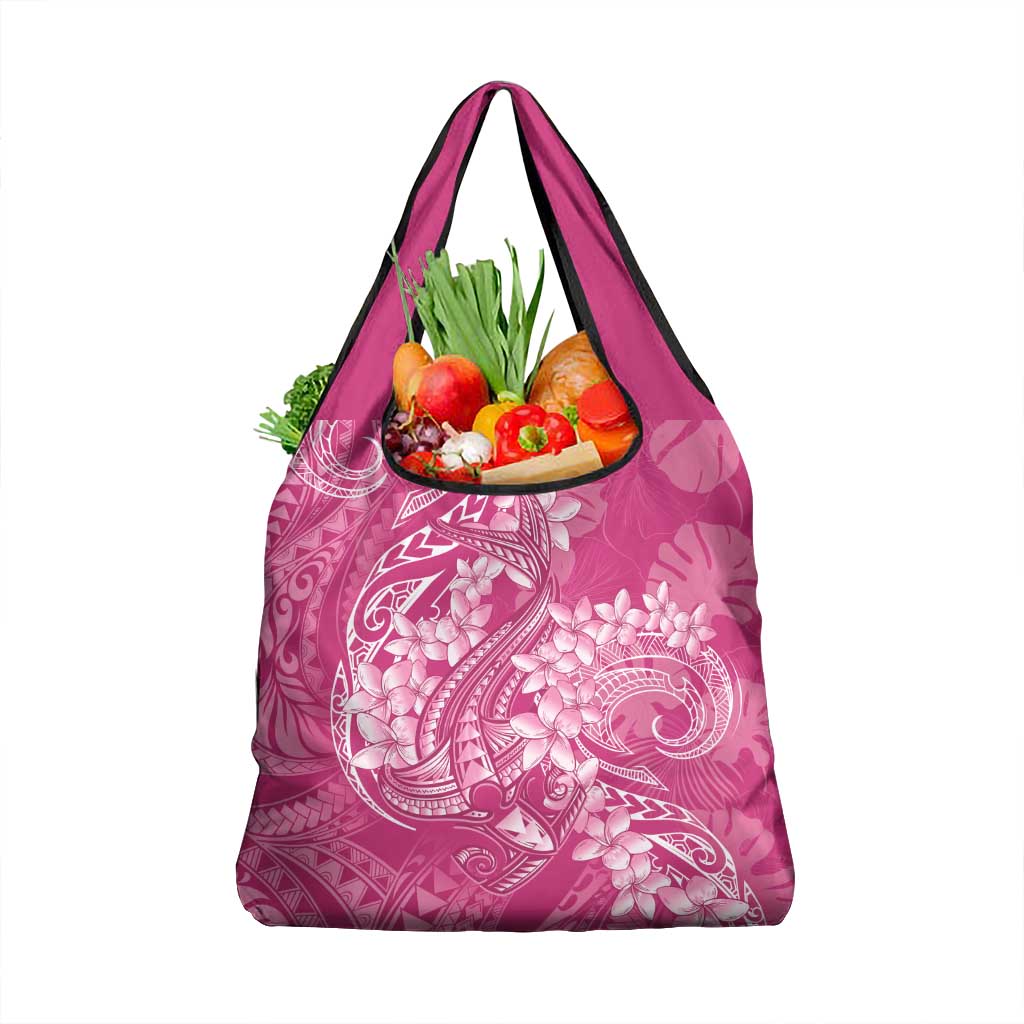 Pink Polynesia Hammerhead Shark Tattoo With Plumeria Lei Grocery Bag