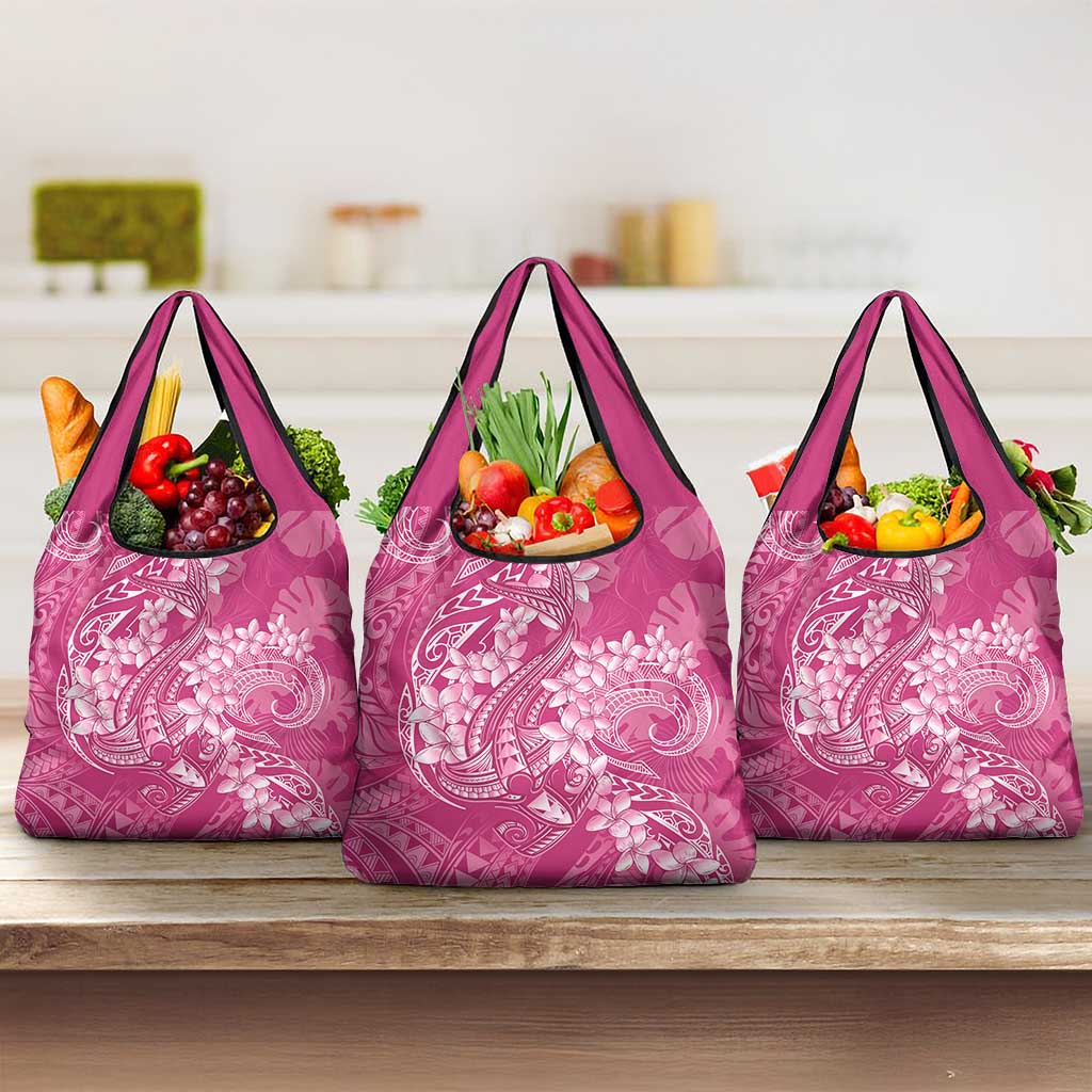 Pink Polynesia Hammerhead Shark Tattoo With Plumeria Lei Grocery Bag