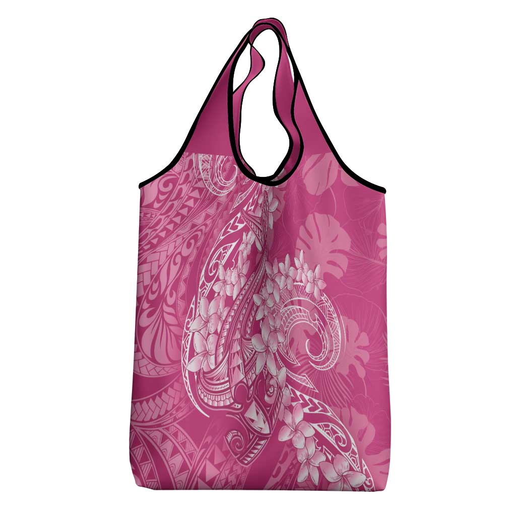 Pink Polynesia Hammerhead Shark Tattoo With Plumeria Lei Grocery Bag