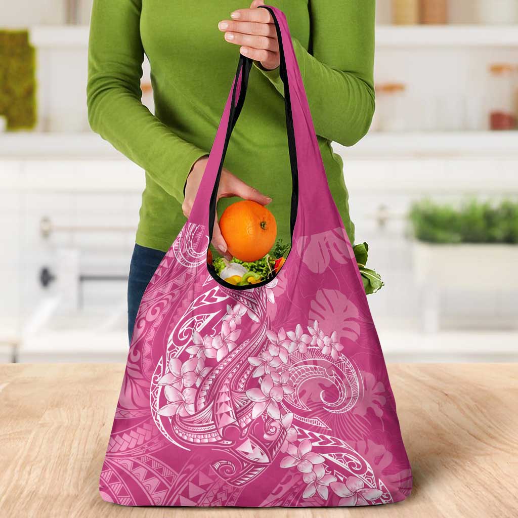 Pink Polynesia Hammerhead Shark Tattoo With Plumeria Lei Grocery Bag