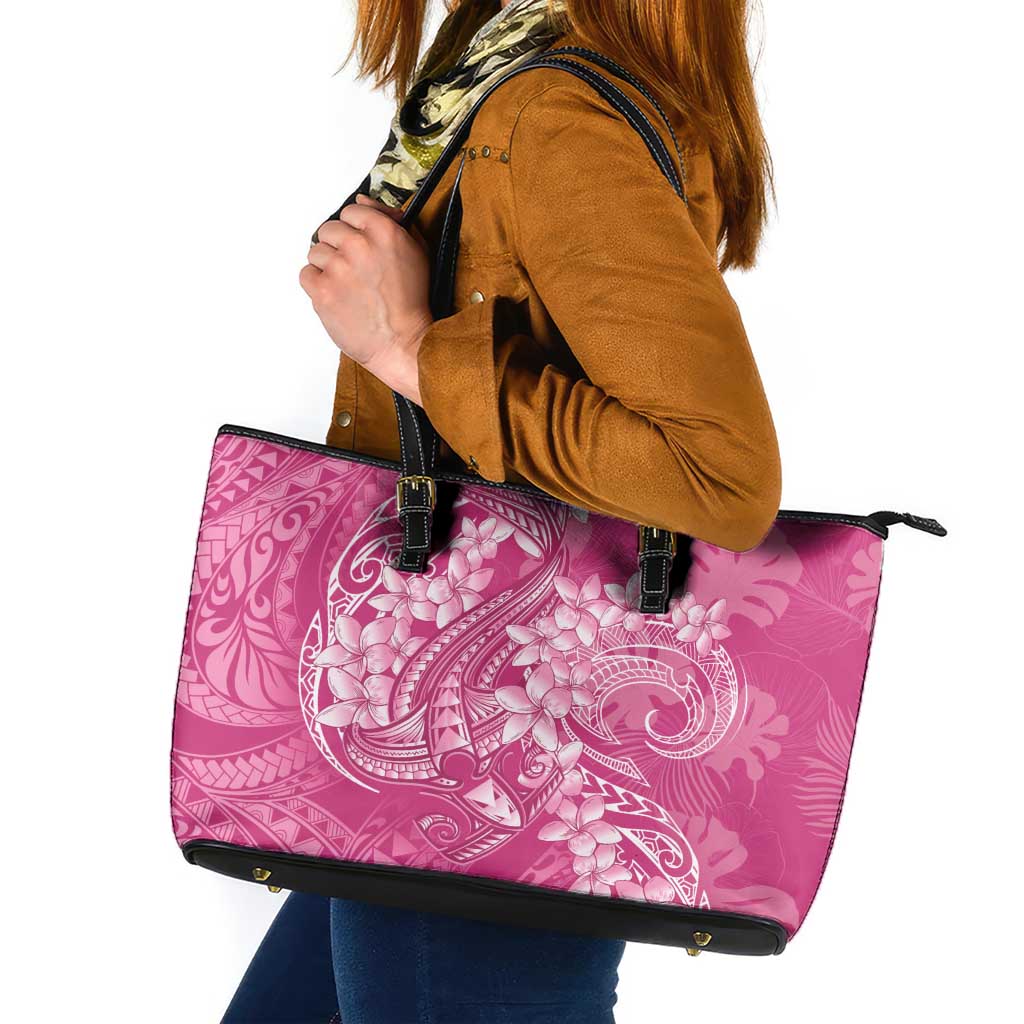 Pink Polynesia Hammerhead Shark Tattoo With Plumeria Lei Leather Tote Bag LT14 Pink - Polynesian Pride