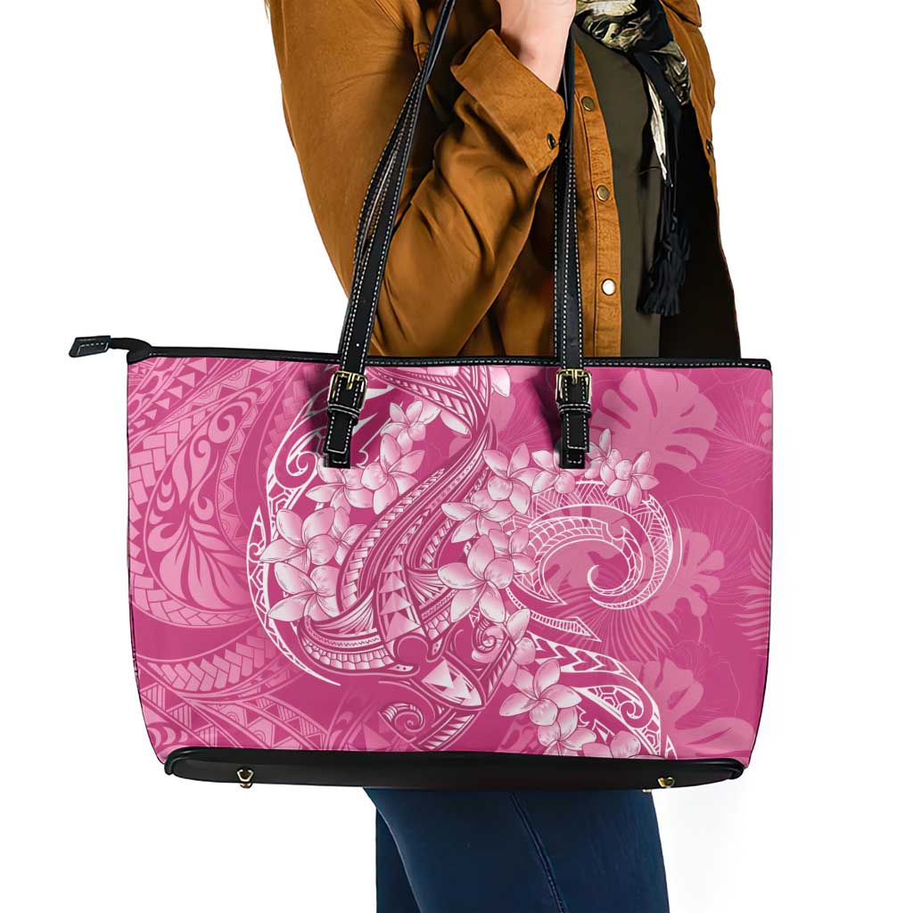 Pink Polynesia Hammerhead Shark Tattoo With Plumeria Lei Leather Tote Bag LT14 - Polynesian Pride