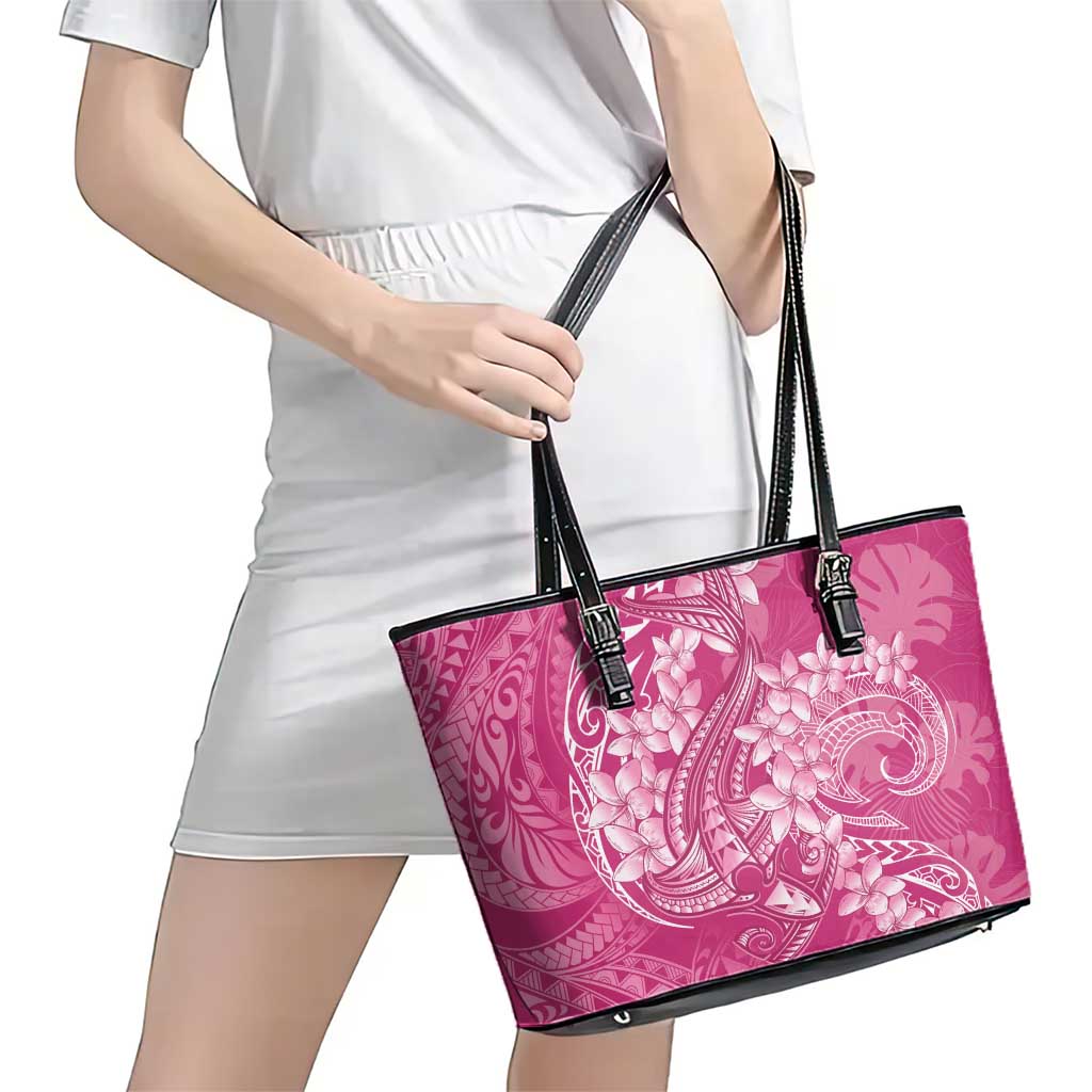 Pink Polynesia Hammerhead Shark Tattoo With Plumeria Lei Leather Tote Bag LT14 - Polynesian Pride