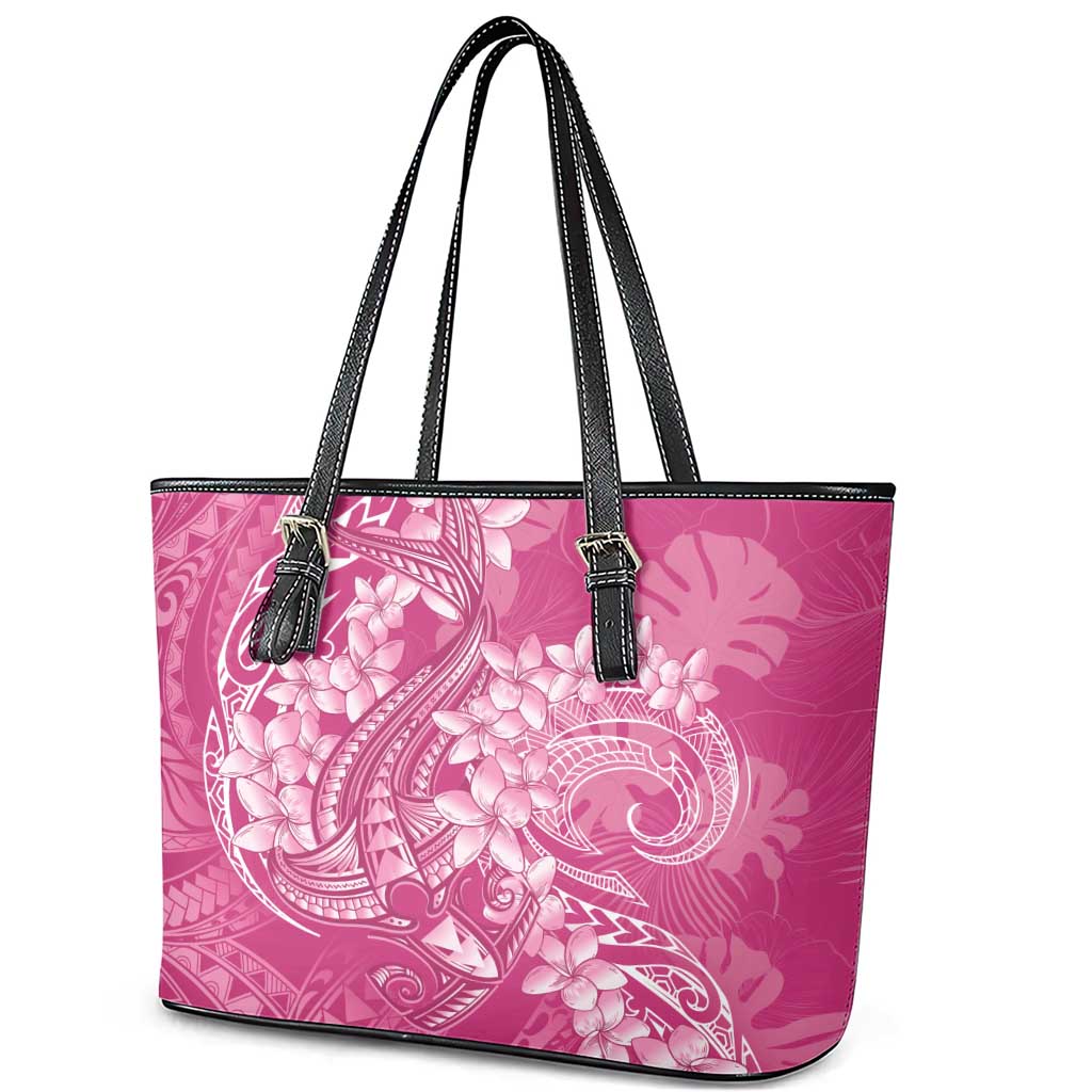 Pink Polynesia Hammerhead Shark Tattoo With Plumeria Lei Leather Tote Bag LT14 - Polynesian Pride