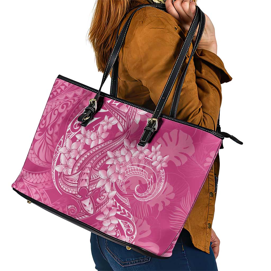 Pink Polynesia Hammerhead Shark Tattoo With Plumeria Lei Leather Tote Bag LT14 - Polynesian Pride