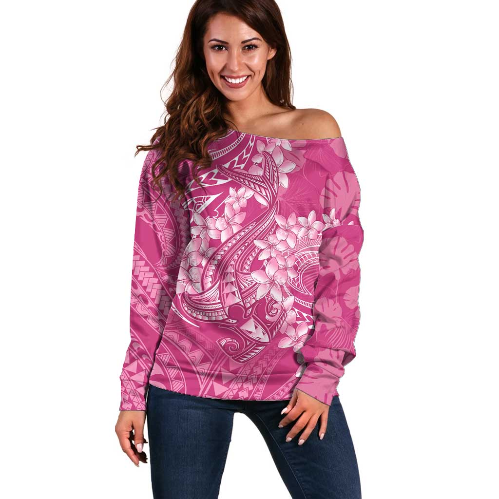 Pink Polynesia Hammerhead Shark Tattoo With Plumeria Lei Off Shoulder Sweater LT14 Women Pink - Polynesian Pride