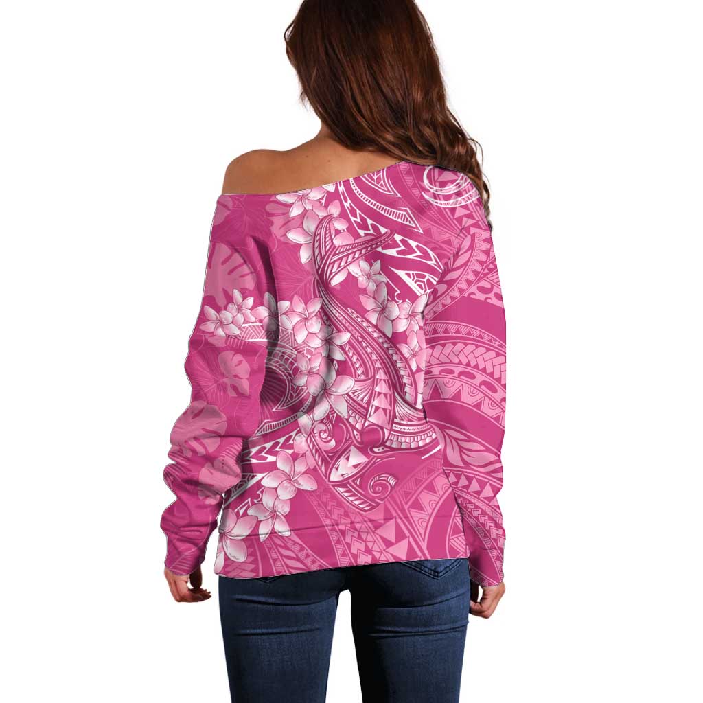 Pink Polynesia Hammerhead Shark Tattoo With Plumeria Lei Off Shoulder Sweater LT14 - Polynesian Pride