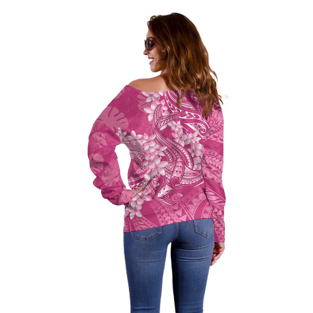 Pink Polynesia Hammerhead Shark Tattoo With Plumeria Lei Off Shoulder Sweater LT14 - Polynesian Pride