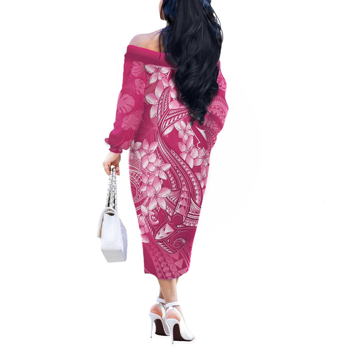 Pink Polynesia Hammerhead Shark Tattoo With Plumeria Lei Off The Shoulder Long Sleeve Dress