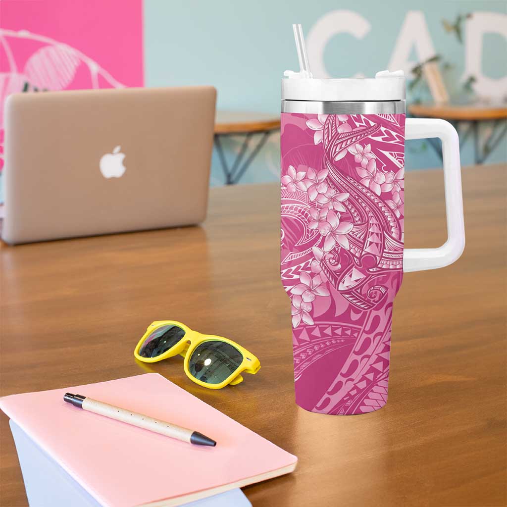 Pink Polynesia Hammerhead Shark Tattoo With Plumeria Lei Tumbler With Handle