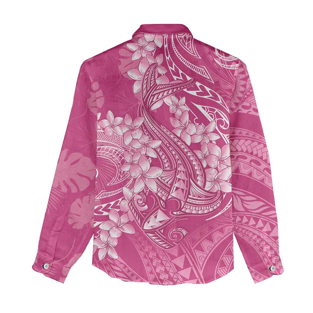 Pink Polynesia Hammerhead Shark Tattoo With Plumeria Lei Women Casual Shirt