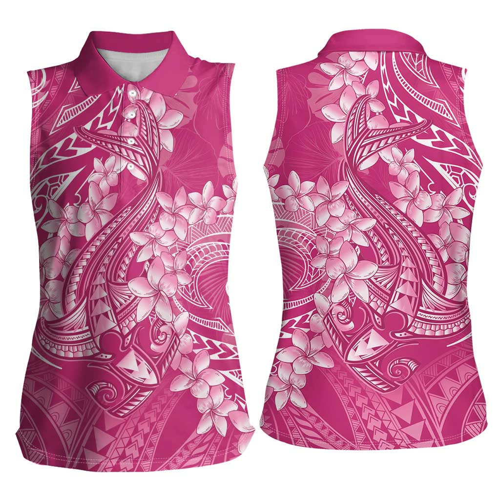 Pink Polynesia Hammerhead Shark Tattoo With Plumeria Lei Women Sleeveless Polo Shirt