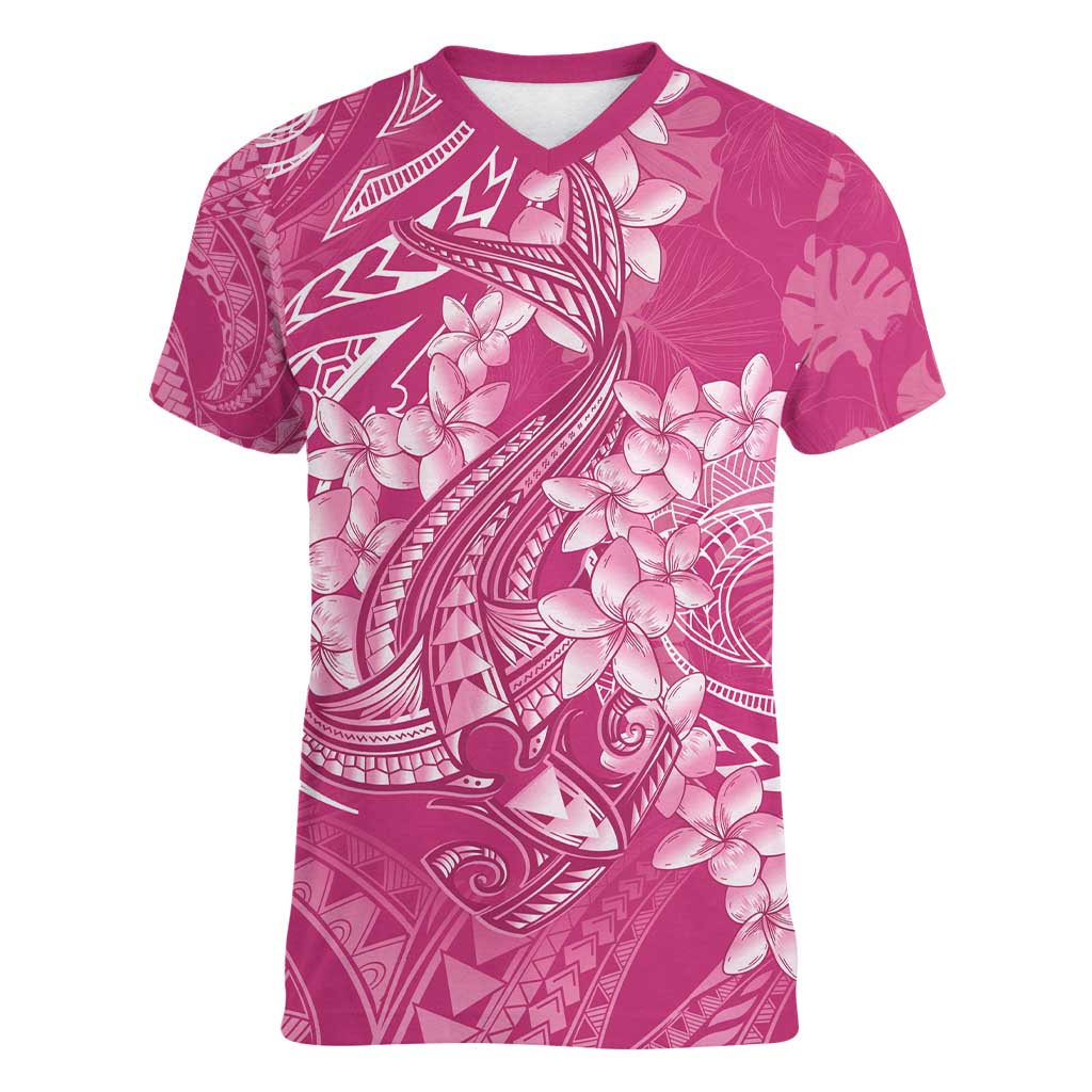 Pink Polynesia Hammerhead Shark Tattoo With Plumeria Lei Women V-Neck T-Shirt LT14 Female Pink - Polynesian Pride