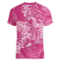 Pink Polynesia Hammerhead Shark Tattoo With Plumeria Lei Women V-Neck T-Shirt
