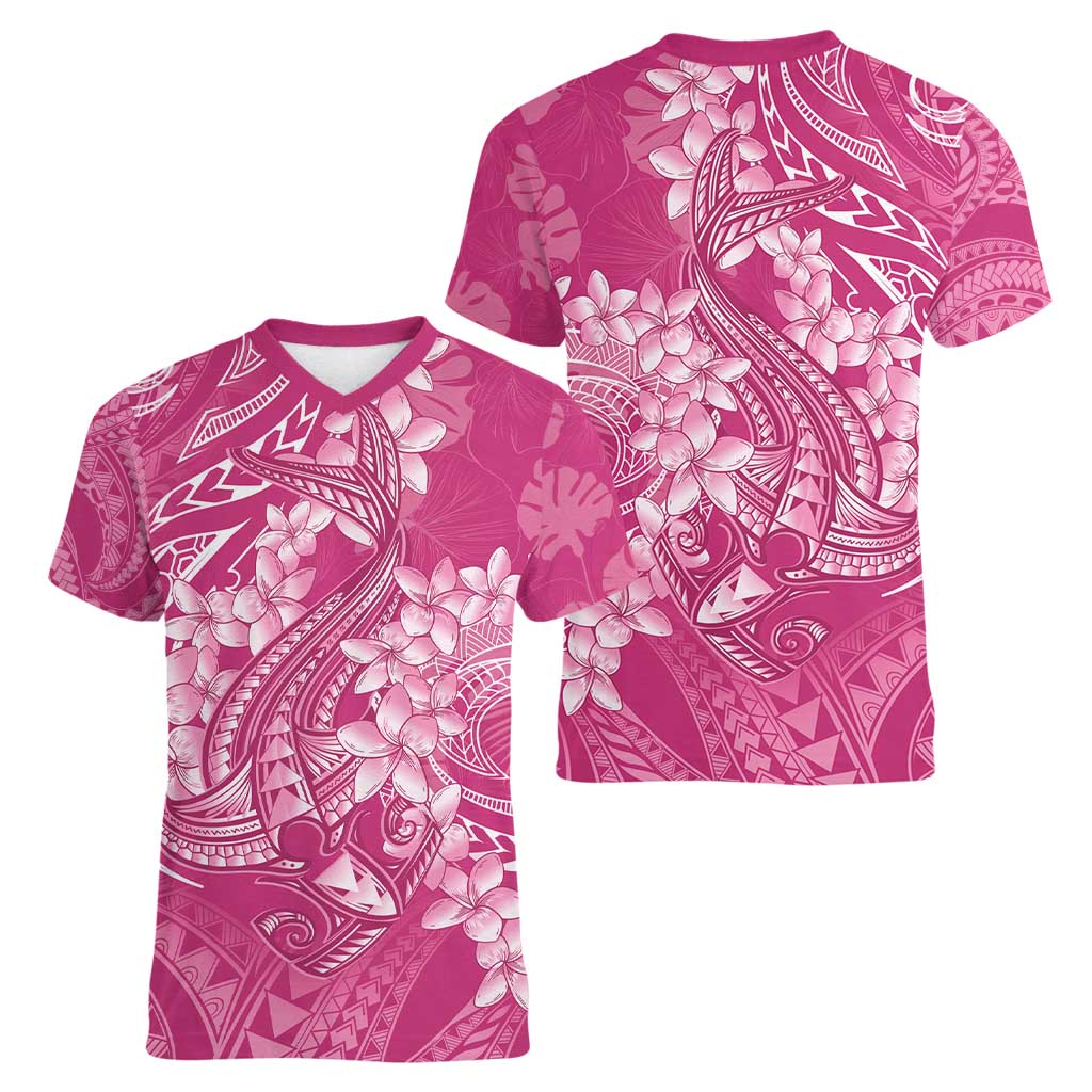 Pink Polynesia Hammerhead Shark Tattoo With Plumeria Lei Women V-Neck T-Shirt