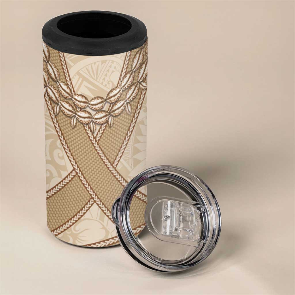 Mauri Ribaberiki Kiribati 4 in 1 Can Cooler Tumbler Cowrie Shells Lei Palm Leaf Weaving