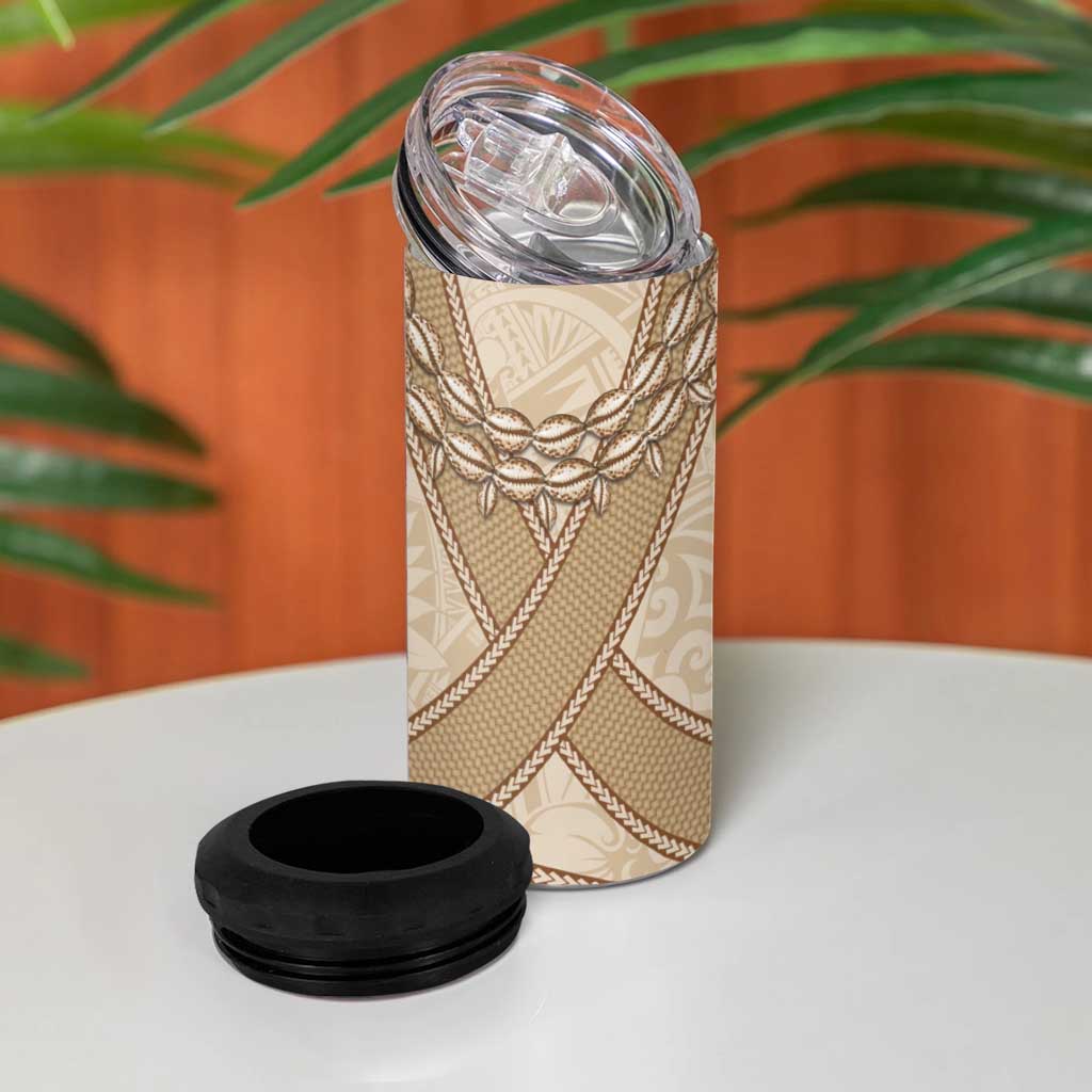 Mauri Ribaberiki Kiribati 4 in 1 Can Cooler Tumbler Cowrie Shells Lei Palm Leaf Weaving