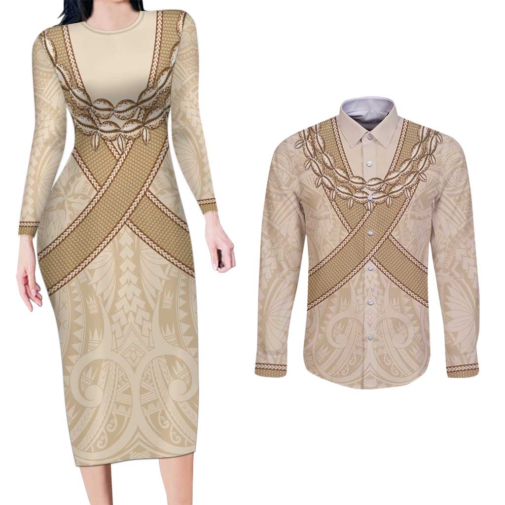 Mauri Ribaberiki Kiribati Couples Matching Long Sleeve Bodycon Dress and Long Sleeve Button Shirt Cowrie Shells Lei Palm Leaf Weaving