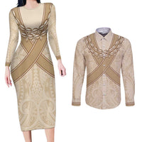 Mauri Ribaberiki Kiribati Couples Matching Long Sleeve Bodycon Dress and Long Sleeve Button Shirt Cowrie Shells Lei Palm Leaf Weaving