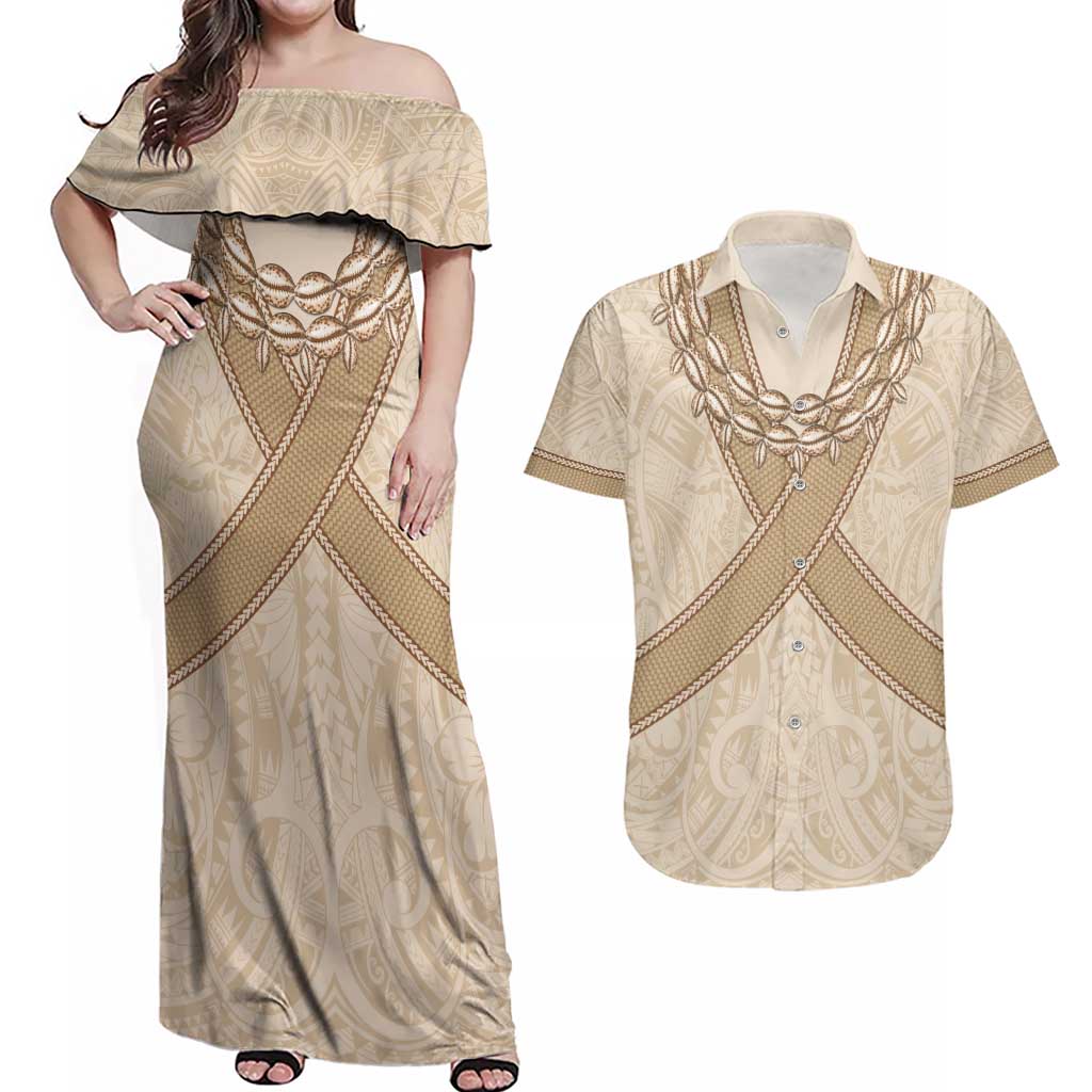 Mauri Ribaberiki Kiribati Couples Matching Off Shoulder Maxi Dress and Hawaiian Shirt Cowrie Shells Lei Palm Leaf Weaving