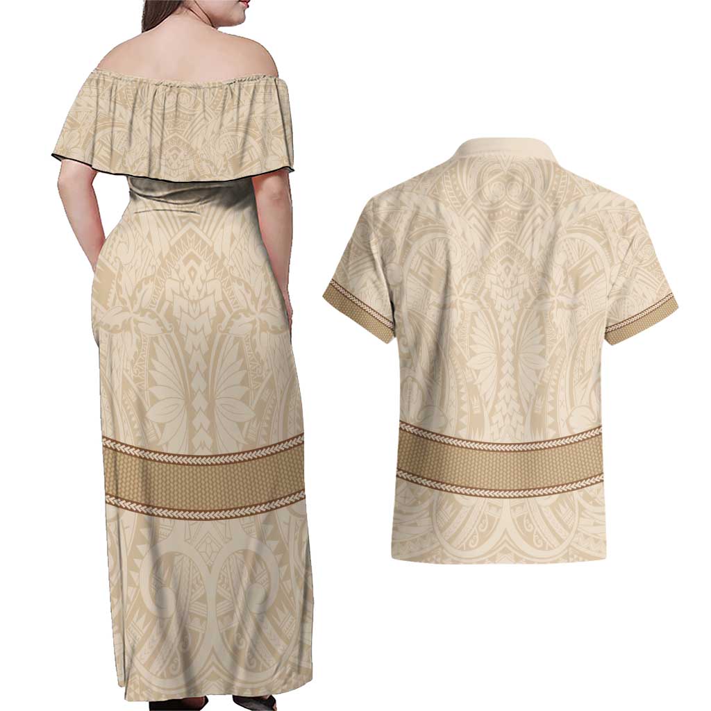 Mauri Ribaberiki Kiribati Couples Matching Off Shoulder Maxi Dress and Hawaiian Shirt Cowrie Shells Lei Palm Leaf Weaving