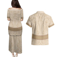 Mauri Ribaberiki Kiribati Couples Matching Puletasi and Hawaiian Shirt Cowrie Shells Lei Palm Leaf Weaving