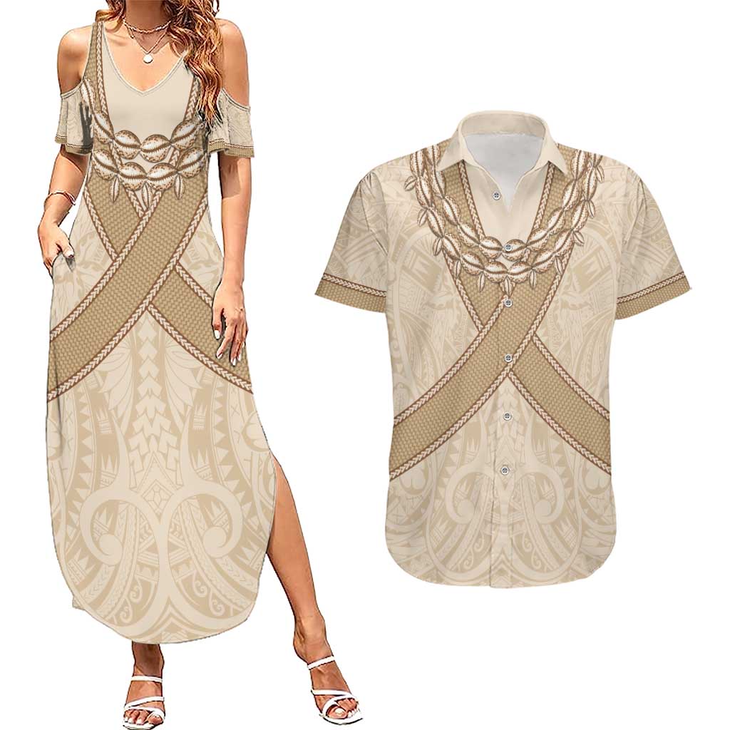 Mauri Ribaberiki Kiribati Couples Matching Summer Maxi Dress and Hawaiian Shirt Cowrie Shells Lei Palm Leaf Weaving
