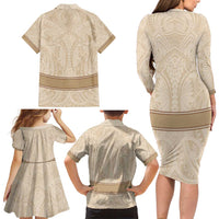 Mauri Ribaberiki Kiribati Family Matching Long Sleeve Bodycon Dress and Hawaiian Shirt Cowrie Shells Lei Palm Leaf Weaving